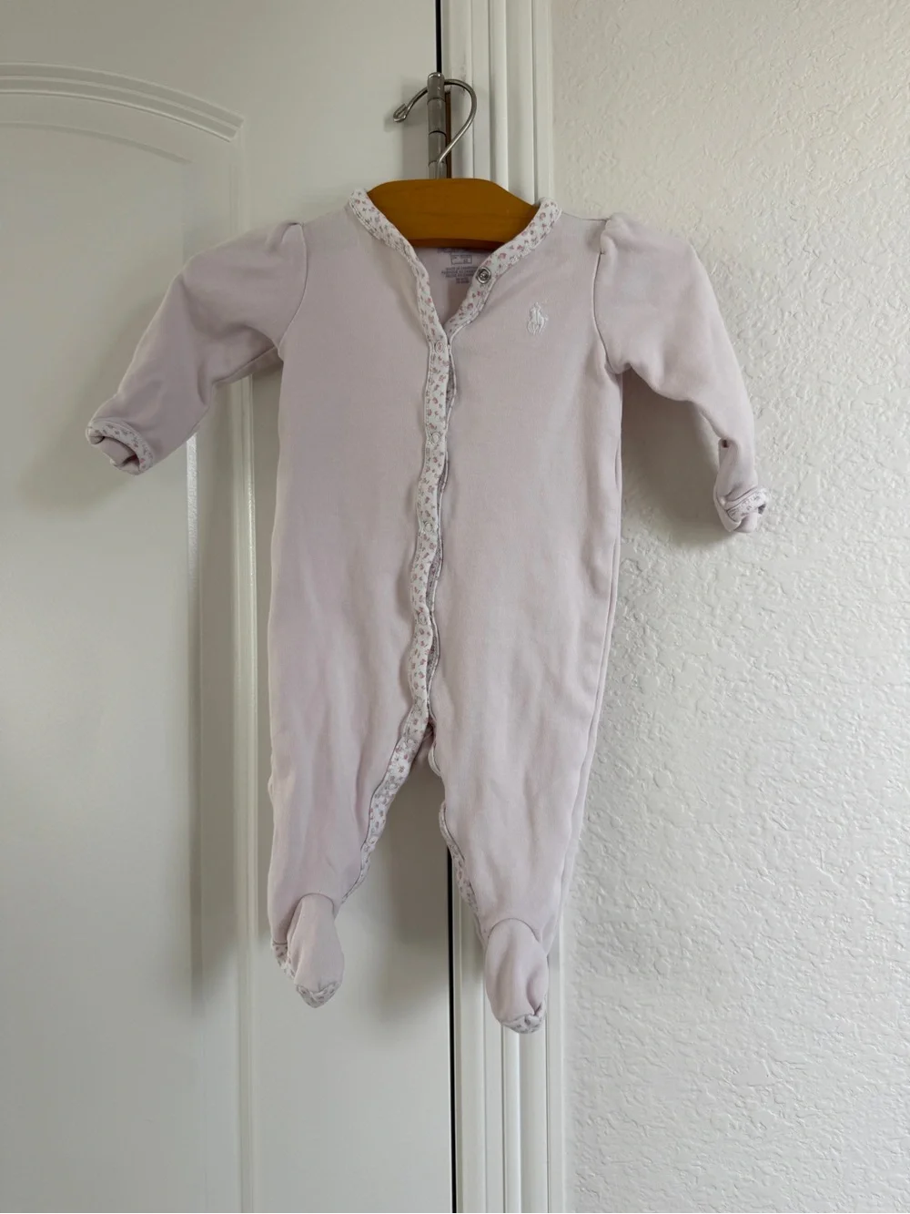 Ralph Lauren Pale Pink Floral-Trim Footed One-Piece